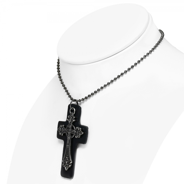 Pandantiv cruce piele neagra cu lant militar si Crucifix [2]